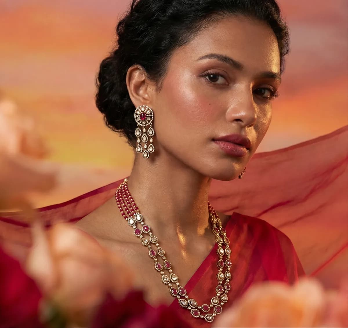 AI-generated jewelry photography — model wearing traditional Indian jewelry