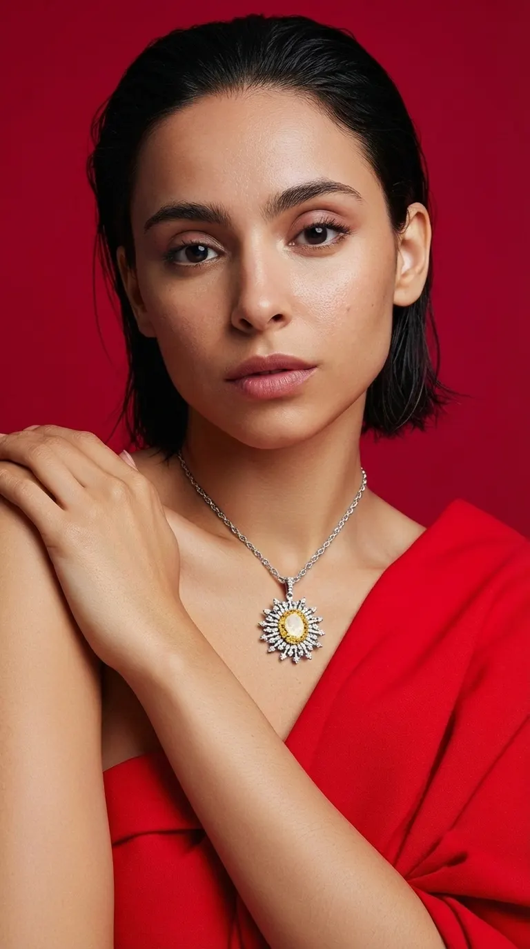 AI-generated model photo: woman in a red dress wearing a diamond sunburst pendant necklace with a yellow gemstone center, red studio backdrop