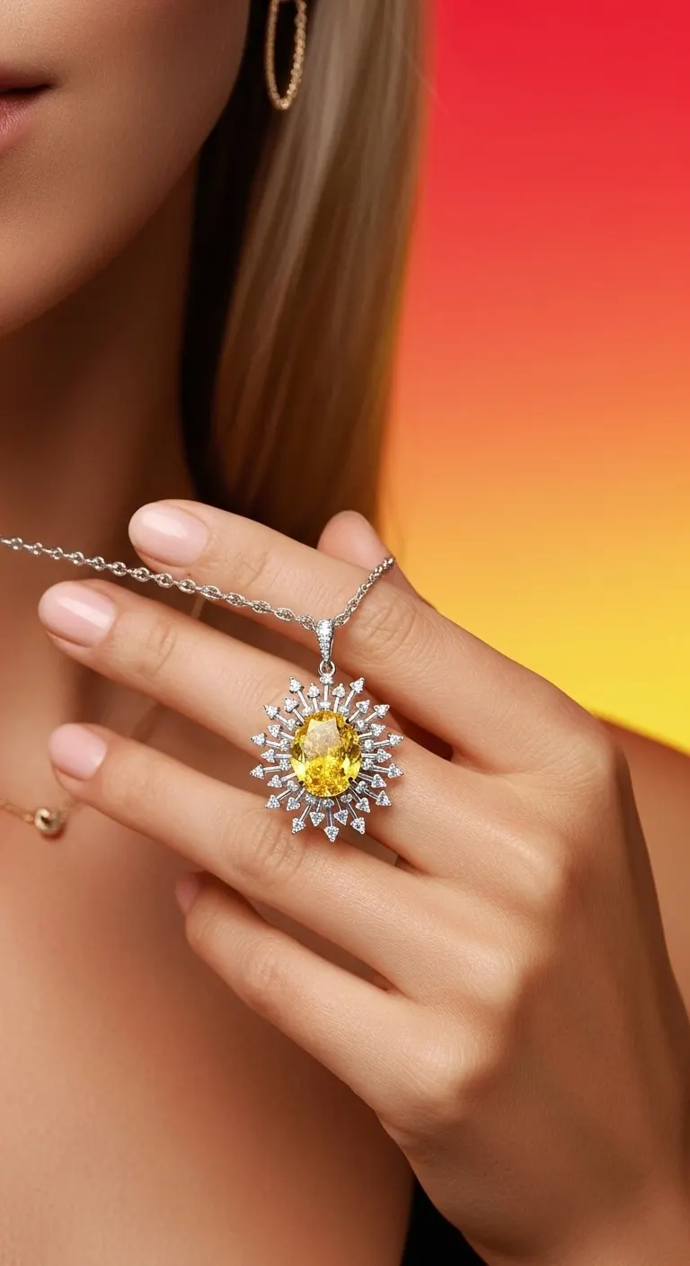 AI on-model shot: hand holding a yellow sapphire sunburst pendant on a silver chain, warm orange gradient backdrop