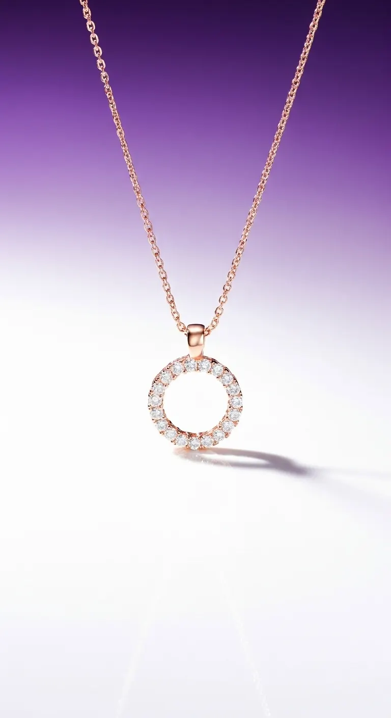 AI studio packshot: rose gold pavé open-circle pendant necklace on a purple-to-white gradient background