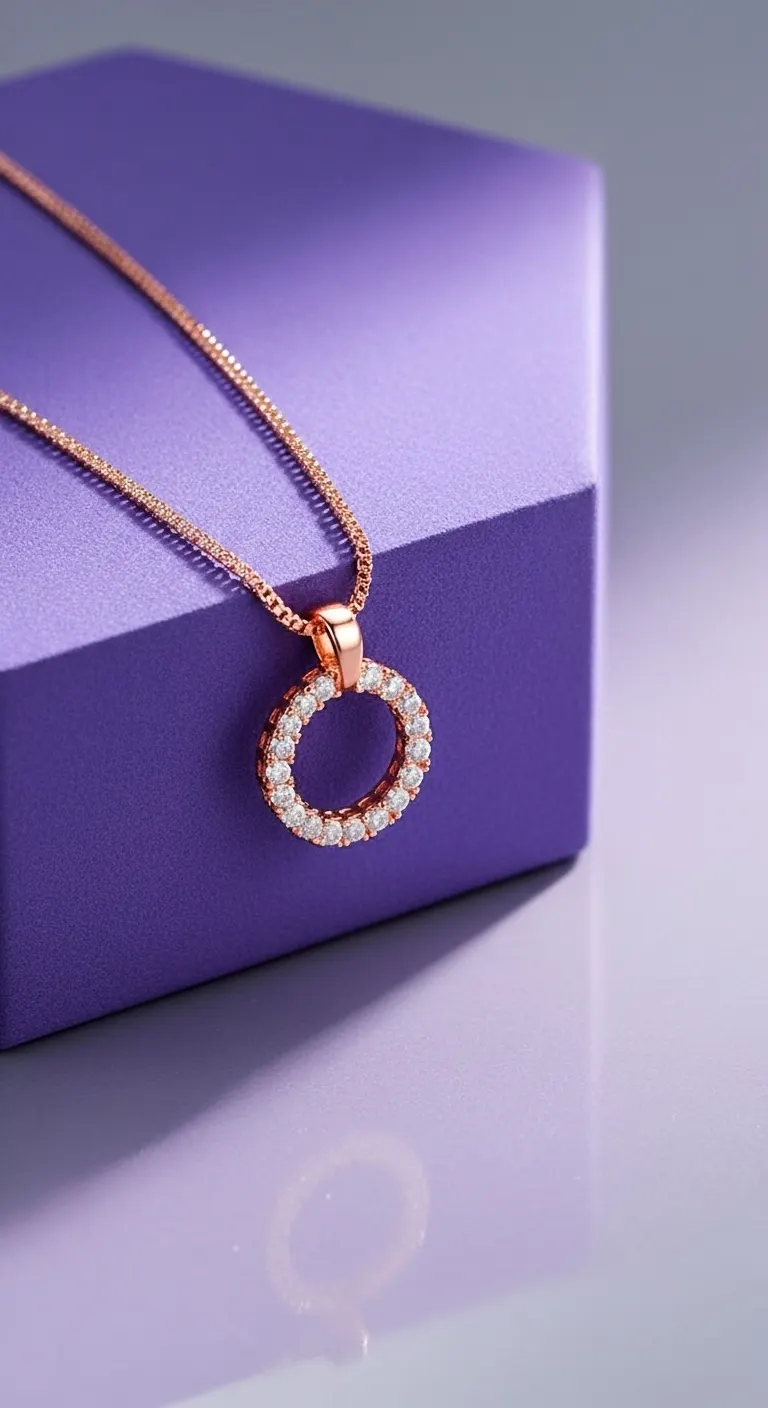 AI product photo: rose gold pavé circle pendant necklace draped over a purple velvet display cube