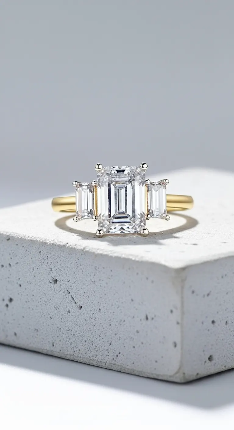 AI studio shot: emerald-cut three-stone gold engagement ring on a concrete pedestal, minimal grey background