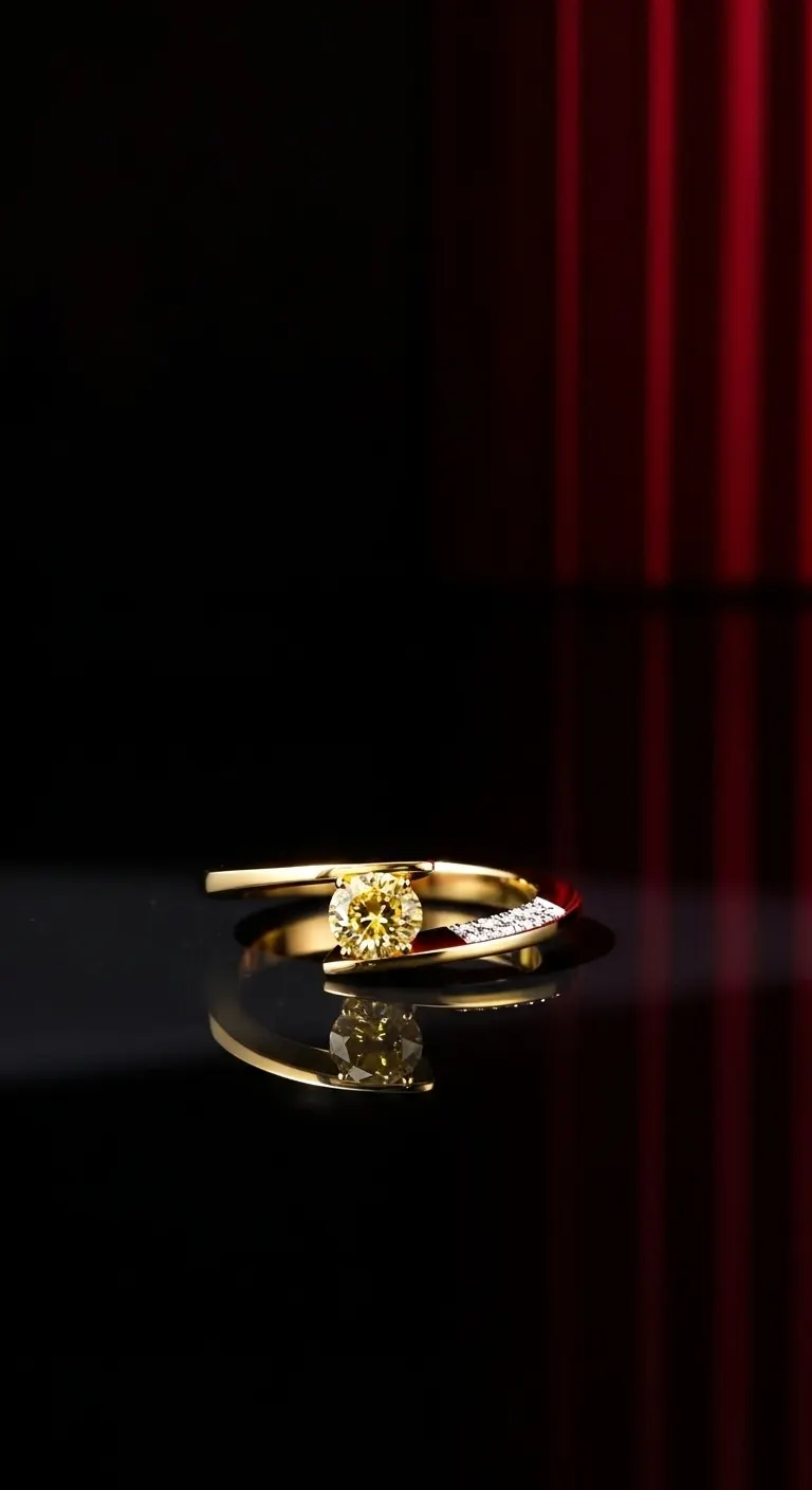 AI jewelry photography: yellow diamond gold ring with pavé band shot on a dark reflective surface with dramatic red editorial lighting