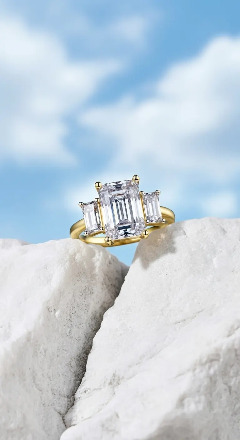 AI product photo: emerald-cut three-stone gold engagement ring resting on white stone against a blue sky